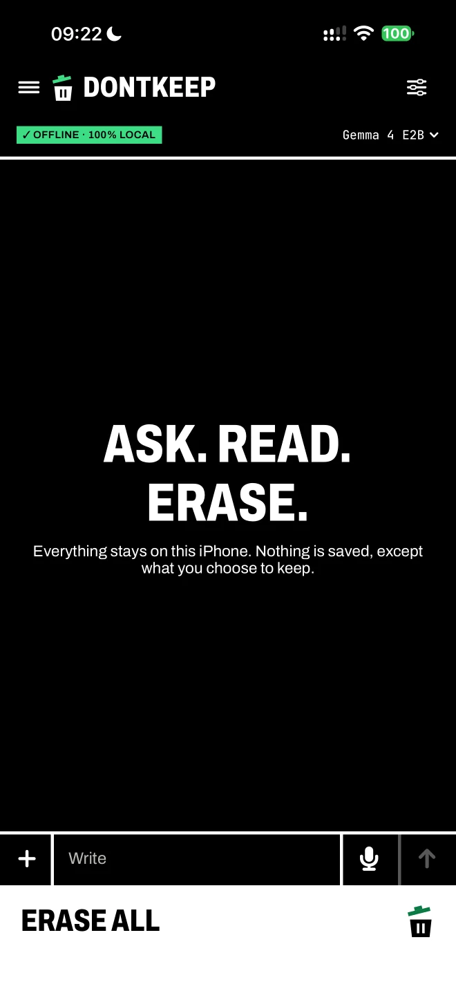 Écran de chat de DontKeep : « Ask. Read. Erase. », badge « Offline · 100% local » et bouton « Erase all ».