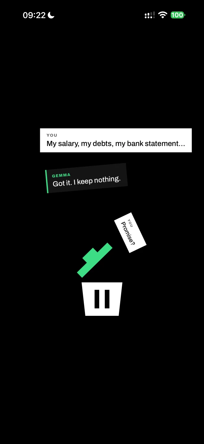 Animation d’ouverture de DontKeep : des messages comme « My salary, my debts, my bank statement… » tombent dans la corbeille.
