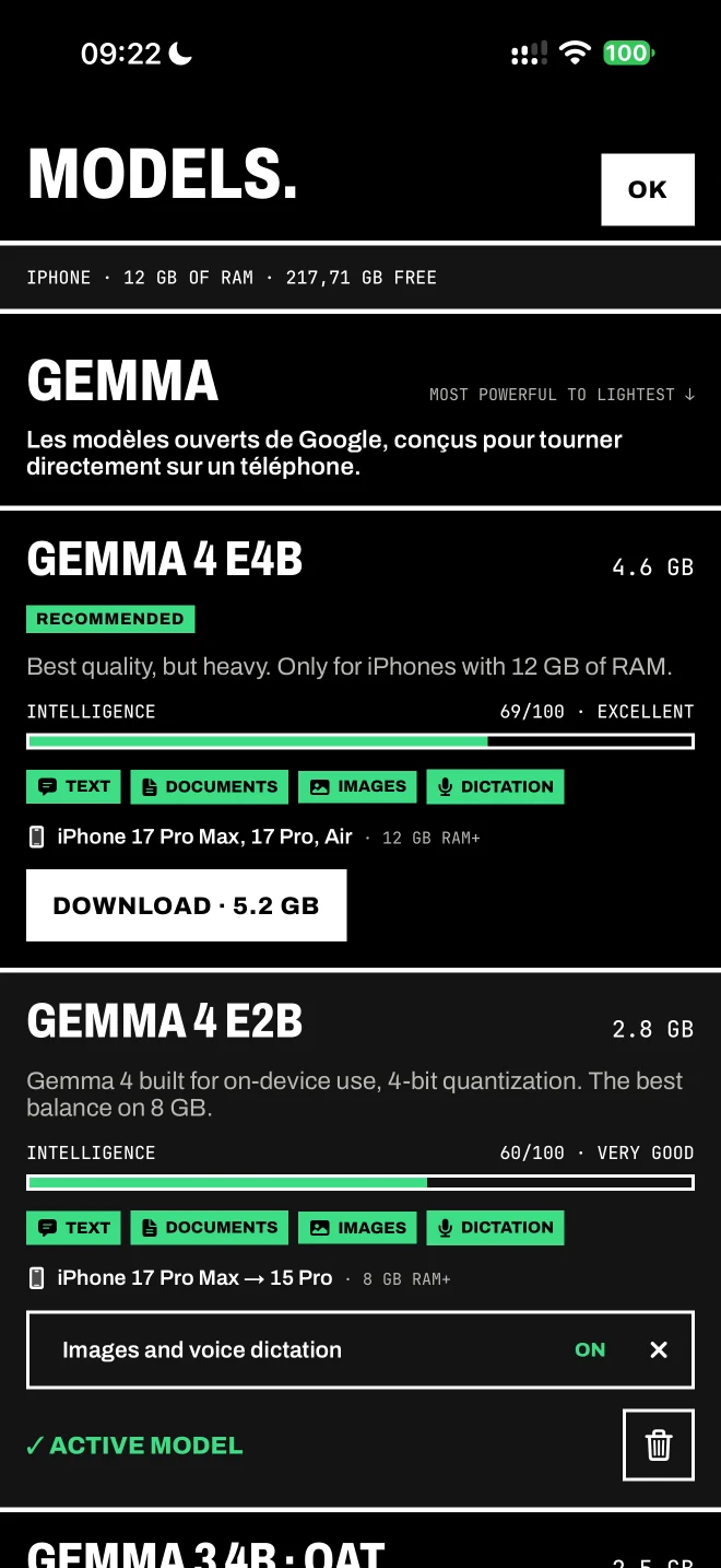 Écran des modèles de DontKeep : cartes Gemma avec leur score d’intelligence, leur taille, un bouton de téléchargement et le modèle actif.