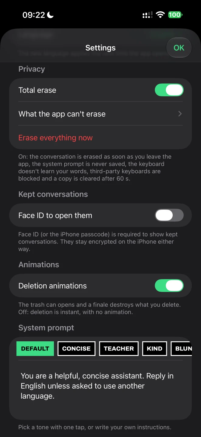 Réglages de DontKeep : effacement total, Face ID pour les conversations gardées, animations et ton du prompt.